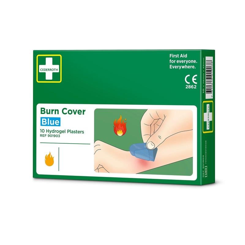 A green box labeled "Cederroth Burn Cover, blue, hydrogel bandage, 10 pieces" by Orkla Wound Care AB contains 10 bandages. The illustration shows a hand applying a blue bandage to a burn on an arm next to a flame symbol.