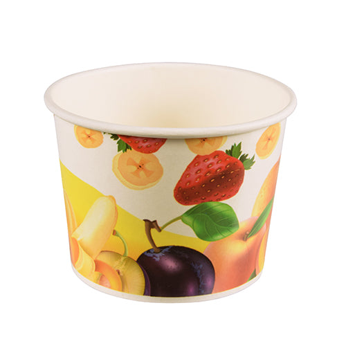 Ein Starpak 50 Eisbecher, Pappe rund, Einwegbecher von Starpak, dekoriert mit bunten Bildern von Erdbeeren, Bananen, Pfirsichen, Pflaumen und Orangen. Der umweltfreundliche weiße Becher ist leer und steht auf einem schlichten weißen Hintergrund.