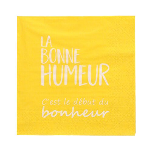 The PAPSTAR 20 napkins (33x33 cm, 3-ply, assorted colors) from the PAPSTAR The GmbH napkins feature the white French text "LA BONNE HUMEUR C'est le début du bonheur" in the center.
