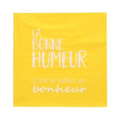 The PAPSTAR 20 napkins (33x33 cm, 3-ply, assorted colors) from the PAPSTAR The GmbH napkins feature the white French text "LA BONNE HUMEUR C'est le début du bonheur" in the center.