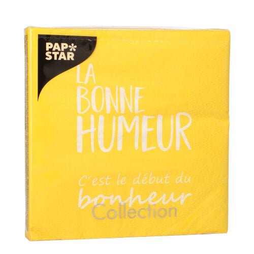 One package PAPSTAR 20 napkins, 33x33 cm, 3-ply, 1/4-fold, assorted colors from PAPSTAR GmbH, with bright colors and cheerful French lyrics—perfect for brightening up any occasion.