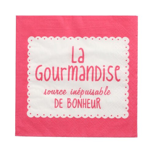 This PAPSTAR 20 napkins (33x33 cm, 3-ply, assorted colors) from the PAPSTAR GmbH products feature a pink-and-white wavy border and the French phrase "La Gourmandise, source inépuisable de bonheur"—a lively touch for any occasion.