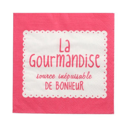 This PAPSTAR 20 napkins (33x33 cm, 3-ply, assorted colors) from the PAPSTAR GmbH products feature a pink-and-white wavy border and the French phrase "La Gourmandise, source inépuisable de bonheur"—a lively touch for any occasion.