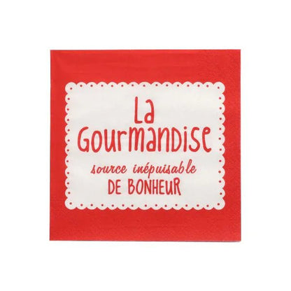 PAPSTAR 20 Servietten, 33x33 cm, 3-lagig, rot: Rote Servietten mit weißer Mitte und französischem Aufdruck "La Gourmandise source inépuisable DE BONHEUR" in Rot. Hochwertige Qualität von PAPSTAR GmbH - ideal für besondere Anlässe.