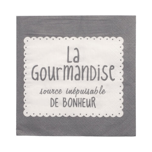 Gray 3-layer PAPSTAR-Napkin (33x33 cm, folded into quarters) with a white rectangle and the French text "La Gourmandise source inépuisable de bonheur." Brand: PAPSTAR GmbH. Pack of 20.