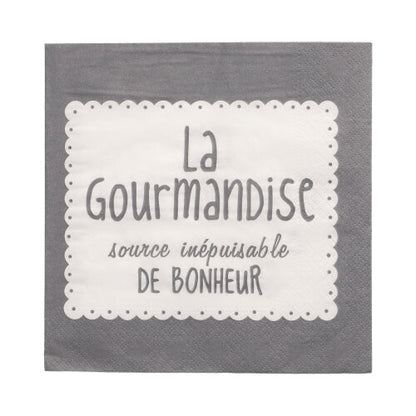 Gray 3-layer PAPSTAR-Napkin (33x33 cm, folded into quarters) with a white rectangle and the French text "La Gourmandise source inépuisable de bonheur." Brand: PAPSTAR GmbH. Pack of 20.