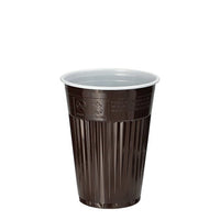 The Starpak 100 Thermo disposable cup (PS, 0.18 l, Ø 7.03 cm, 9 cm) in brown/white, with a ribbed exterior and smooth interior, stands upright—ideal for keeping drinks warm on the go. Sold in packs of 100.