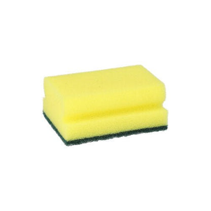 Ein rechteckiger gelb/grüner Kratzender Schwamm von Starpak mit Griffrille, Größe 4,1 x 9,5 x 6,8 cm, aus dem Set „Starpak 6 Topfreiniger“, abgebildet auf weißem Hintergrund.
