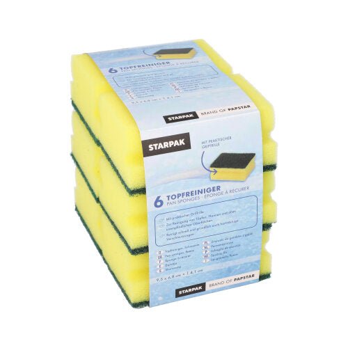 Eine Packung mit sechs rechteckigen gelb/grünen Topfreiniger-Schwämmen von Starpak mit Griffrille (4,1 x 9,5 x 6,8 cm, kratzfest), gestapelt in einer transparenten Verpackung mit einer blauen Banderole mit Produktinformationen.