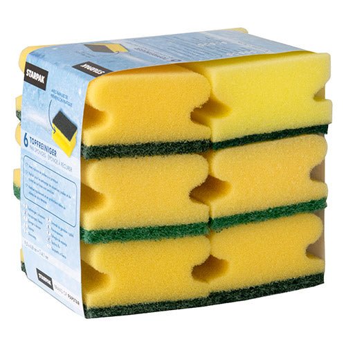 Eine Packung mit 6 rechteckigen Starpak Topfreiniger-Schwämmen (4,1x9,5x6,8 cm), gelb/grün mit Griffrille für besseren Halt, gestapelt und in einer Banderole verpackt. Ideal zum Schrubben, von der Marke Starpak.