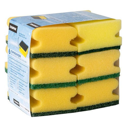 Eine Packung mit 6 rechteckigen Starpak Topfreiniger-Schwämmen (4,1x9,5x6,8 cm), gelb/grün mit Griffrille für besseren Halt, gestapelt und in einer Banderole verpackt. Ideal zum Schrubben, von der Marke Starpak.