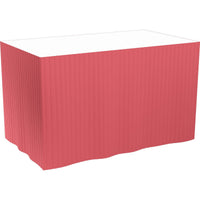 A rectangular table is covered on three sides with a red, self-adhesive Dunicel table skirt (72 cm, 5 x 4 m) from Duni GmbH, so that the white tabletop is exposed against a plain white background.