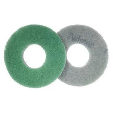 Shown are two round Twister Pad Green floor pads from Diversey Germany: The green pad is suitable for floor care, while the gray one is designed for use with the TASKI swingo 250µicro. Both come in a box (2 packs).