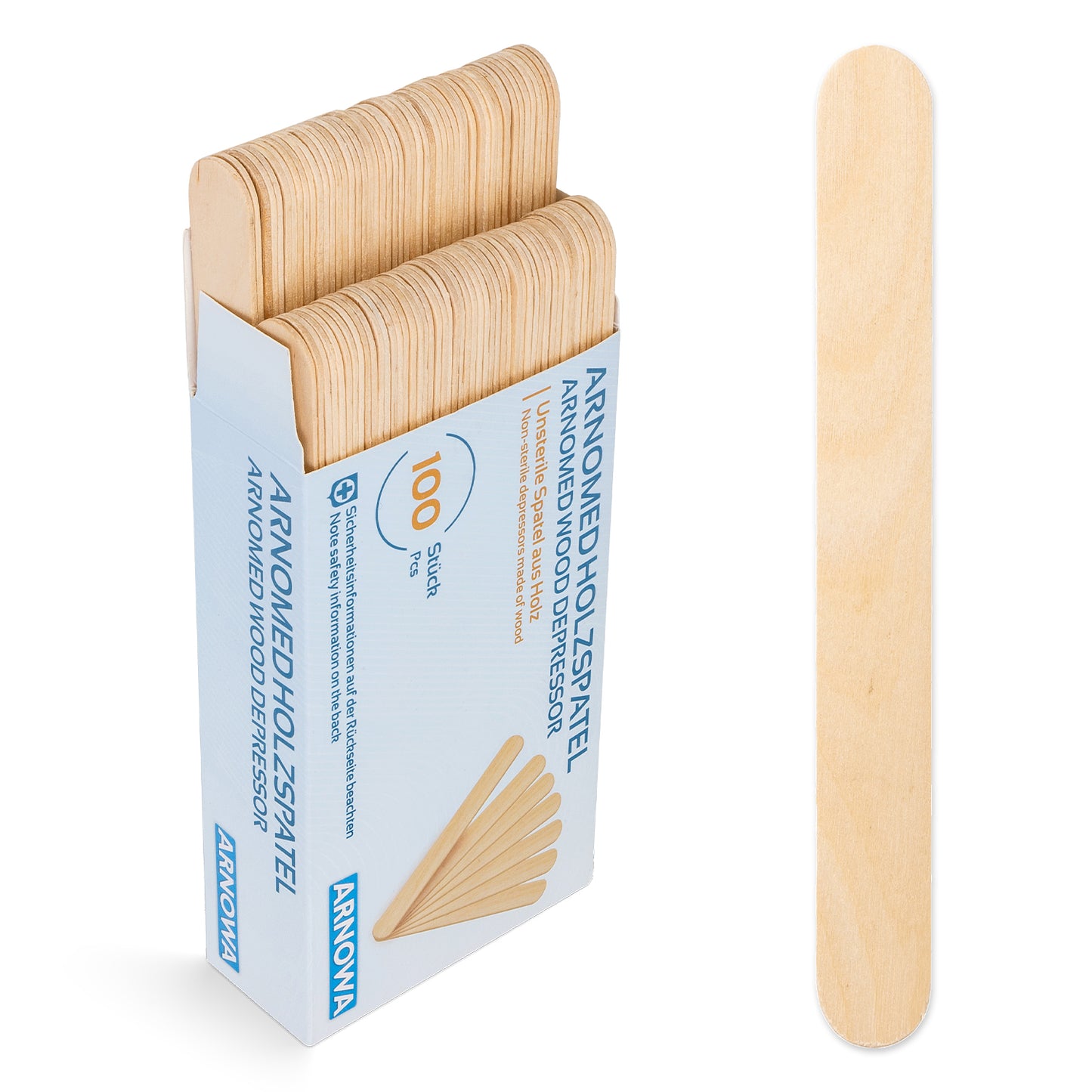 Eine geöffnete Schachtel ARNOMED HOLZSPATEL Unsteril natur der ARNOWA GmbH offenbart zahlreiche Holzspatel; rechts daneben liegt ein einzelner Einwegspatel Holz - perfekt für den Praxisbedarf.