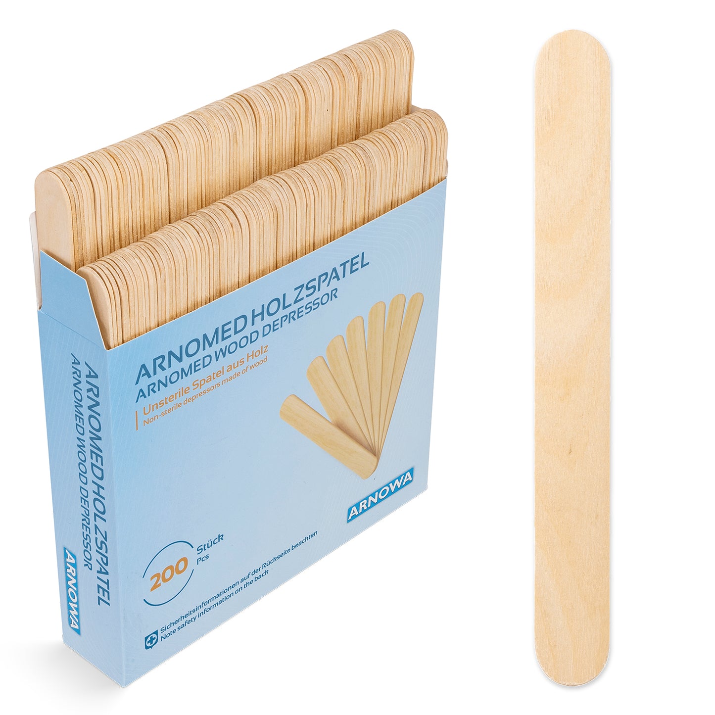 Abgebildet ist eine blau-weiße ARNOMED HOLZSPATEL Unsteril natur Box der ARNOWA GmbH mit 200 Einwegspateln aus Holz, rechts daneben ein unsteriler Spatel für Praxisbedarf.