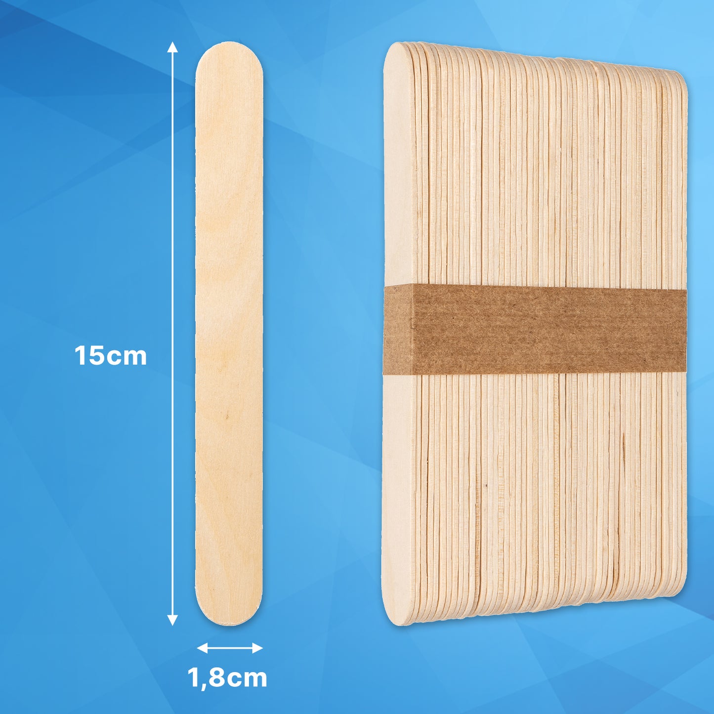 Abgebildet ist ein Bündel ARNOMED HOLZSPATEL Unsteril natur der ARNOWA GmbH, gesichert mit einem braunen Papierband. Ein Stäbchen (15 cm x 1,8 cm) liegt einzeln auf blauem Untergrund - ideal für den Praxisbedarf.