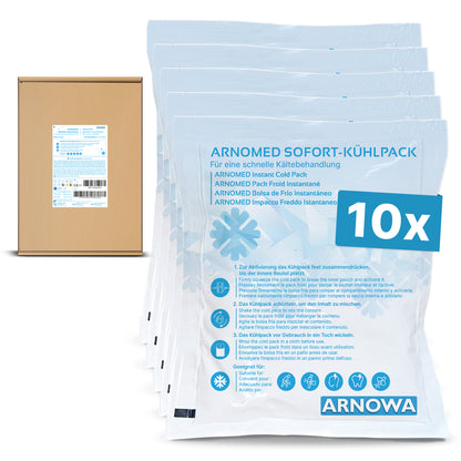 Zehn ARNOMED SOFORTKÄLTEKOMPRESSE der ARNOWA GmbH sind in einer Klarsichtverpackung vor einem Karton abgebildet. Die in Deutschland gekennzeichneten Packungen mit dem blauen ARNOMED-Logo bieten eine gebrauchsfertige Kältetherapie.
