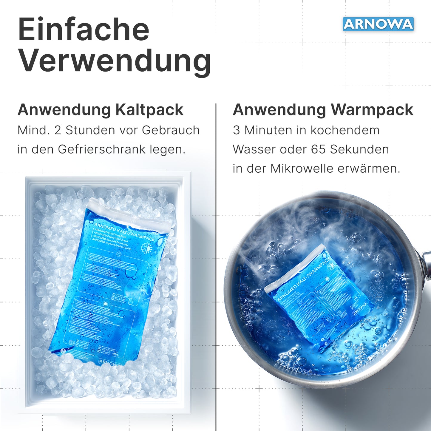 Das ARNOMED KALT-/WARMPACK von ARNOWA GmbH wird links im Eisbad gekühlt und rechts im heißen Wasser erwärmt; über den Bildern stehen deutsche Anwendungshinweise zur Schmerzlinderung.
