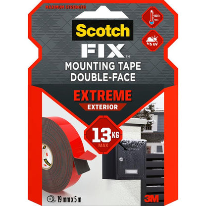 A pack of Scotch-FIX™ Extreme double-sided outdoor mounting tape from 3M Deutschland GmbH (19 mm x 5 m) with the roll, a mailbox, symbols for temperature and UV resistance, and a label with the maximum load of 13 kg.