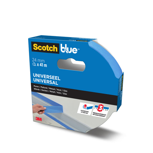 Eine Schachtel ScotchBlue™ Malerabdeckband "Multi-Surface" von 3M Deutschland GmbH (24 mm x 41 m) mit blauem, teilweise ausgerolltem Band. Die Verpackung weist auf die Eignung für verschiedene Untergründe und eine saubere Entfernung von bis zu drei Tagen hin.