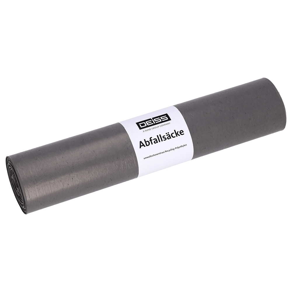 Abgebildet ist eine Rolle EMIL DEISS KG (GmbH + Co.) DEISS 94007 grau Müllsäcke (660x800x0,05 mm, 25 Stück) mit weißem "DEISS Abfallsäcke"-Etikett auf einfarbig weißem Hintergrund.