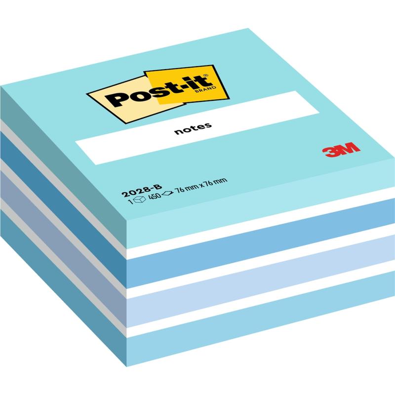 A stack of Post-it® Notes cube (76 mm x 76 mm, 450 sheets/block, 100% PEFC) from 3M Deutschland GmbH shows alternating white and blue sheets with the Post-it logo and "notes" on the top.