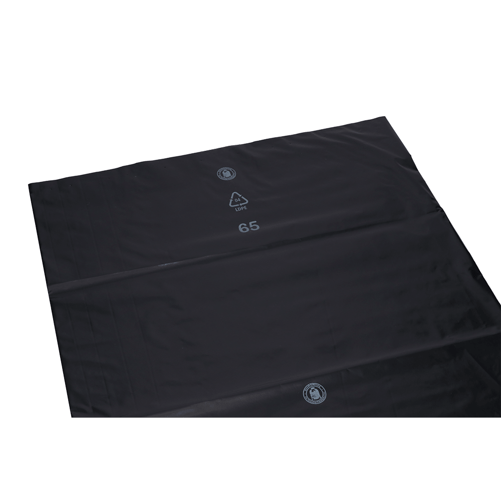 A large, flat DEISS 95007 black trash bag sheet from EMIL DEISS KG (570+400x1150x0.1 mm) features recycling and plastic ID symbols with the number 65 in white—ideal for waste disposal against a plain white background. The box contains 120 bags.