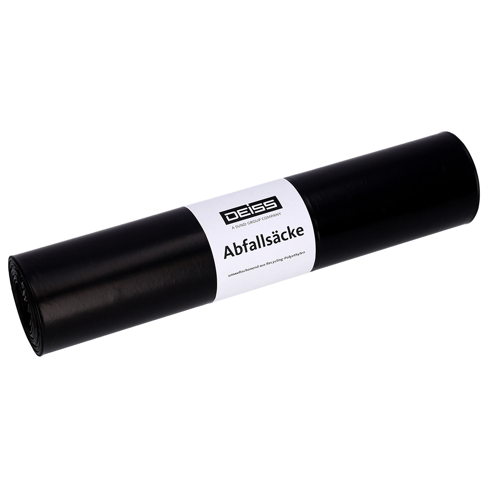 Abgebildet ist eine Rolle DEISS 95036 schwarzer Müllbeutel (500+400x1100 mm, Typ 60, 25 Beutel/Rolle) der EMIL DEISS KG (GmbH + Co.) mit weißem Etikett vor hellem Hintergrund.