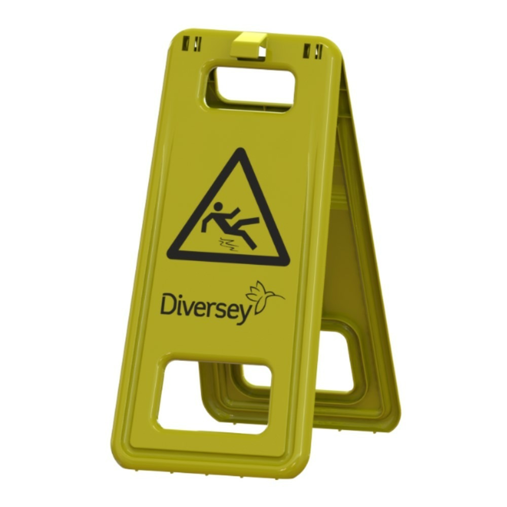 A yellow plastic warning sign "Slippery Hazard" from Diversey Deutschland GmbH & Co. OHG (280x580mm, 0.8kg), essential for wet cleaning. Two signs ensure compliance with safety regulations; featuring a symbol of a slipping figure and standing upright. Sold per piece.