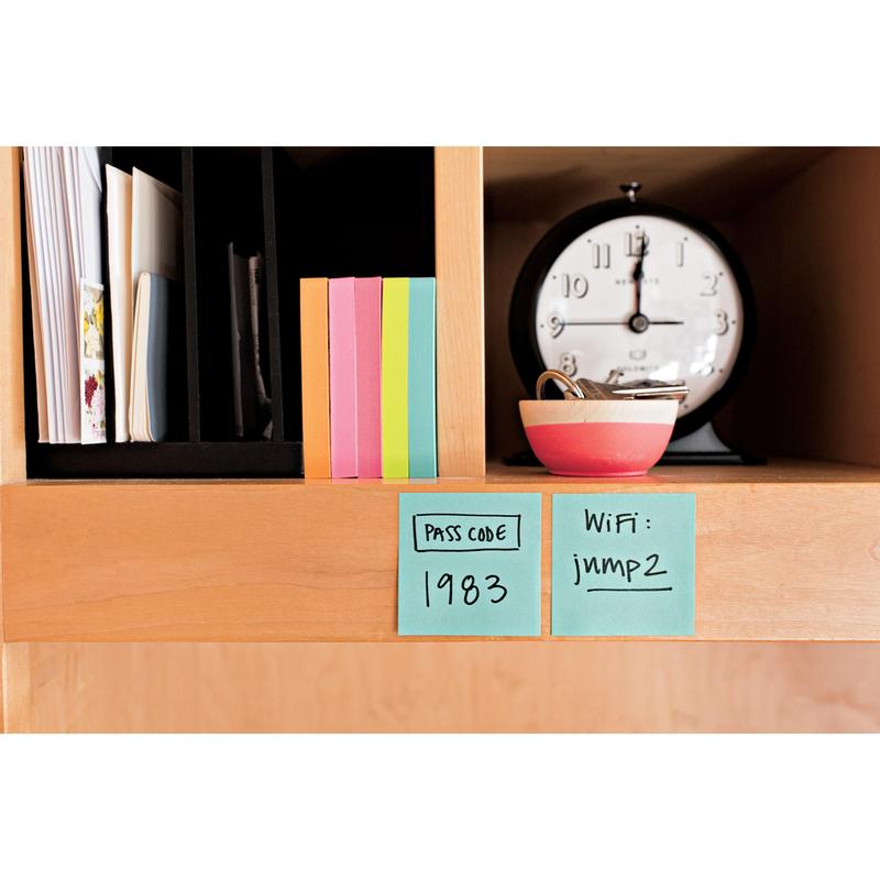 A wooden shelf with colorful 3M Post-it® Notes cubes (76x76 mm, 450 sheets), a clock, a striped bowl with keys, and two sticky notes with the passcode "1983" and the WiFi password "jimp2".