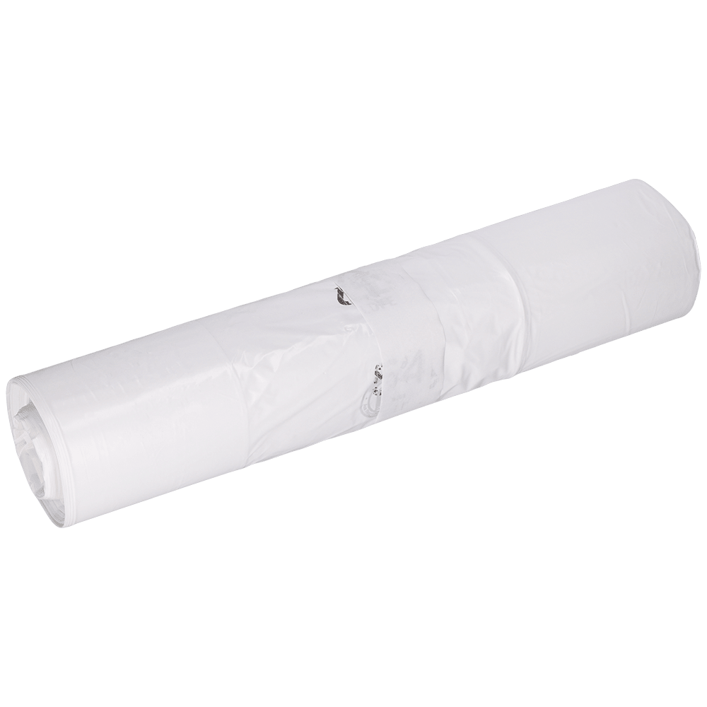 A roll of EMIL DEISS KG trash bags (DEISS 96030—400+200x700x0.035 mm, white, roll of 50) is secured with transparent adhesive tape and a small metal key ring against a plain white background.