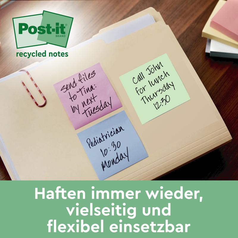 A folder contains three Post-it® Super Sticky 100% Recycled Notes (76x76mm, 70 sheets/block, 100% PEFC) by 3M Deutschland GmbH in pink, blue, and green; the German text highlights their reusability and versatility.