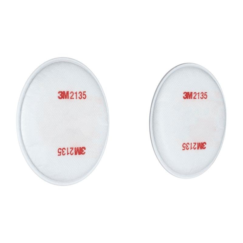 Abgebildet sind zwei runde, weiße 3M™ Partikelfilter 2135, P3 (1 Paar/Packung) der 3M Deutschland GmbH mit roter Schrift auf weißem Hintergrund.