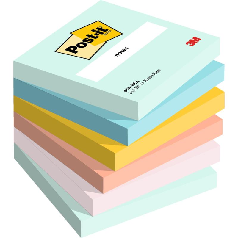 A stack of seven 3M Deutschland GmbH Post-it® Notes, 76x76 mm, 100 sheets per block, in various pastel colors, with the top block showing the Post-it and 3M logos. Made from 100% PEFC-certified paper.