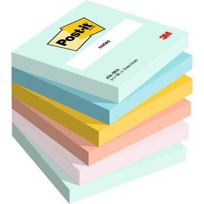 A stack of seven 3M Deutschland GmbH Post-it® Notes, 76x76 mm, 100 sheets per block, in various pastel colors, with the top block showing the Post-it and 3M logos. Made from 100% PEFC-certified paper.