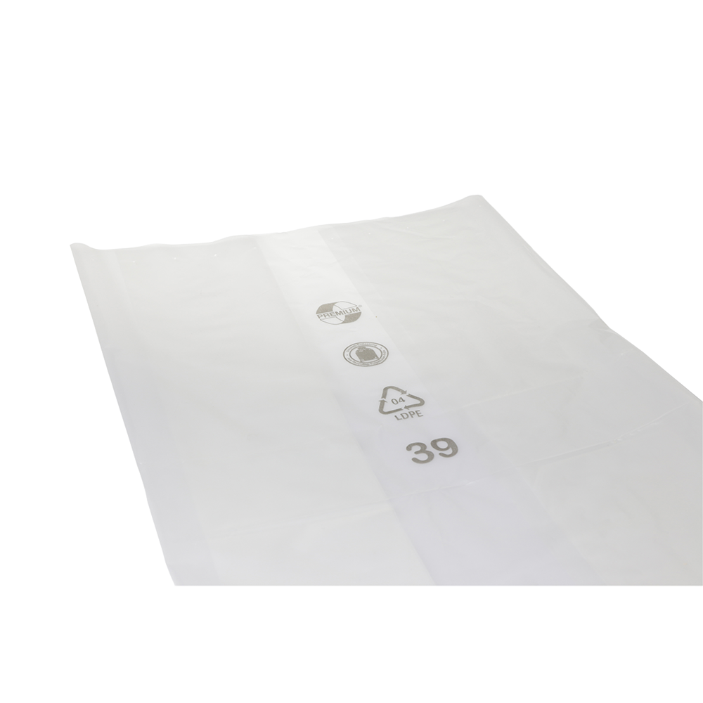 Eine transparente Schutzfolie DEISS 99134 der EMIL DEISS KG (GmbH + Co.) liegt flach auf weißem Grund und zeigt Recycling-Symbole, "04 LDPE" und die schwarz gedruckte Zahl "39".