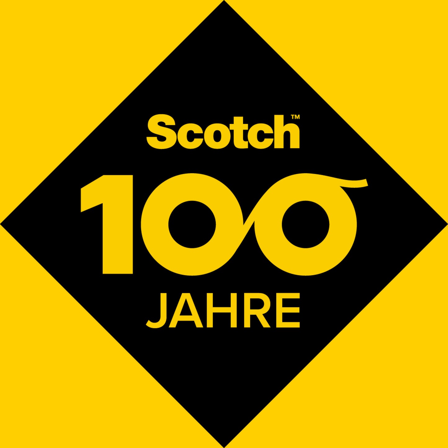 Eine schwarze Raute auf Gelb zeigt das Scotch-Logo, "100" mit Klebebandrollen-Nullen und "JAHRE", die 100 Jahre Innovation markieren wie Scotch® Extrem beständige Filzpads SP87A36 (ø34 mm, 4/Pack), selbsthaftend für optimalen Möbelschutz von 3M Deutschland GmbH.