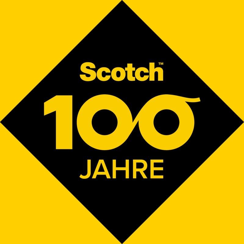 A yellow-and-black graphic featuring the Scotch logo and the words “100 Years” inside a black diamond celebrates 100 years of innovative adhesive technology with the Scotch® UNIVERSAL double-sided tape, 7 m x 50 mm, from 3M Deutschland GmbH.
