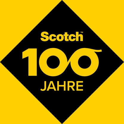 A black diamond on a yellow background displays "Scotch 100 Years" with continuous zeros, marking 100 years of Scotch® Magic™ Invisible Tape and the Scotch™ Desktop Dispenser C18 from 3M Deutschland GmbH, office supplies, 1 Roll/Pack.