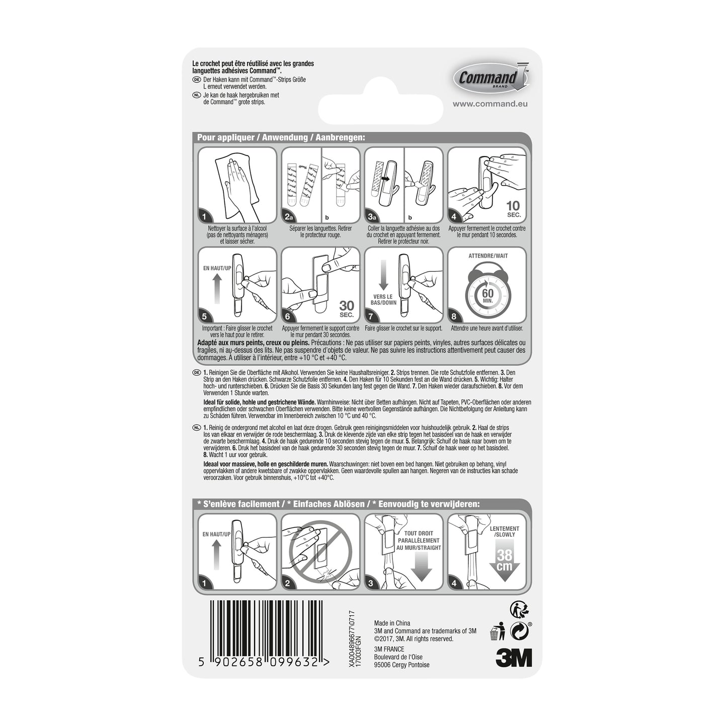 Die Rückseite des Command™ Large Universal-Hakens, 17003-FGN von 3M Deutschland GmbH zeigt eine bebilderte Schritt-für-Schritt-Anleitung zum Anbringen und Abnehmen, erklärt das beschädigungsfreie Design in mehreren Sprachen und enthält am unteren Rand Produktdetails.