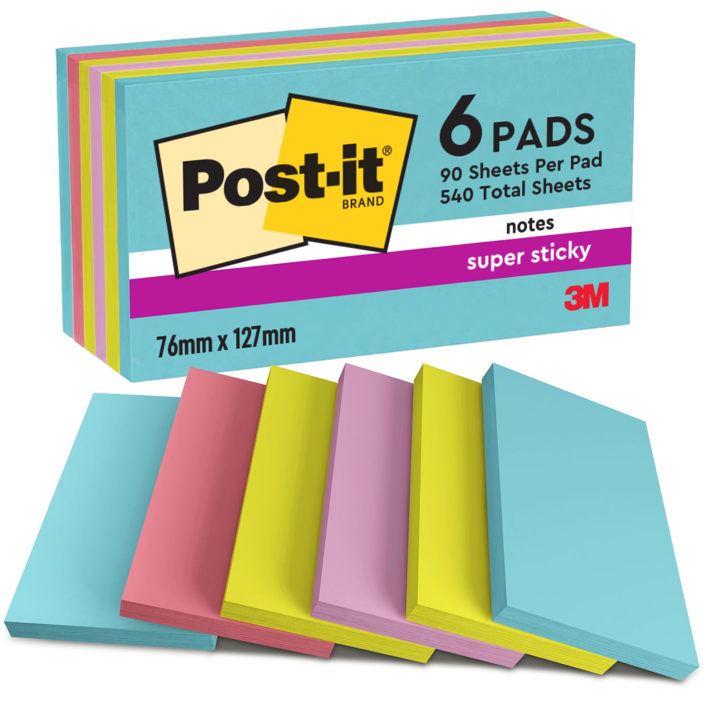 Ein 6er-Pack Post-it® Super Sticky Notes (76 mm x 127 mm, 90 Blatt/Block, 100% PEFC) der 3M Deutschland GmbH in den Farben blau, rosa, gelb und lavendel, sowohl in der Verpackung als auch aufgefächert als Display.