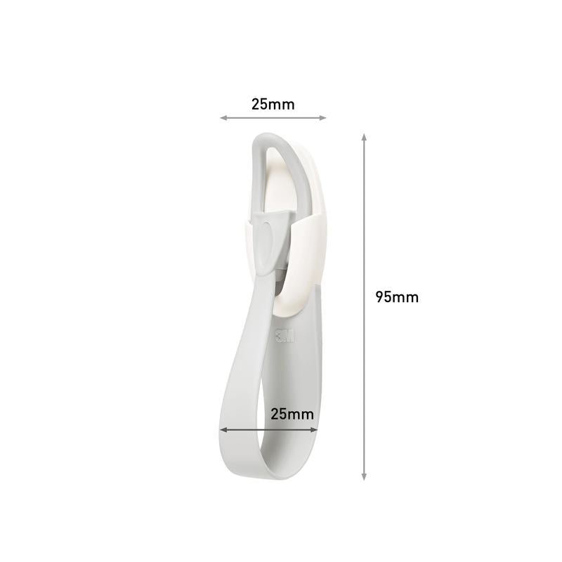 The 3M Deutschland GmbH Command™ Cable Holder, 17304-FR, in white and gray, is 25 mm wide and 95 mm high. It features a curved base and a rounded, swiveling hook that helps prevent cable clutter.
