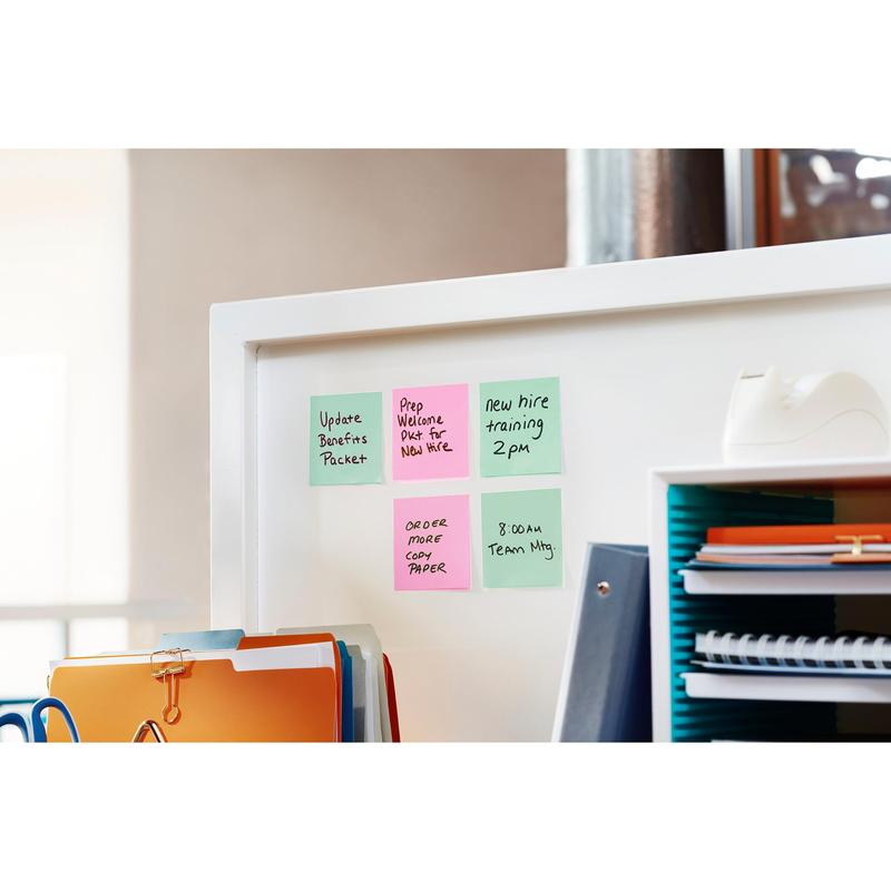 Six Post-it® Notes (76 mm x 76 mm, 100% PEFC, from 3M Deutschland GmbH) are attached to a white office partition above shelves with binders, folders, notebooks, and a tape dispenser.