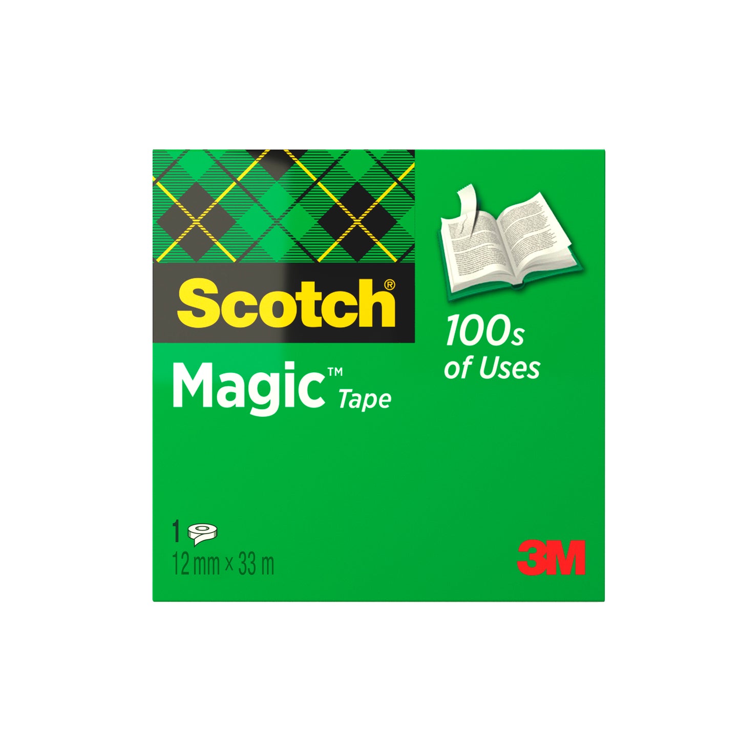 Vorderansicht einer grünen Schachtel Scotch® Magic™ Unsichtbares Klebeband von 3M Deutschland GmbH, mit gelbem Scotch-Logo, einem offenen Buch und Text: "100s of Uses" und "1, 12 mm x 33 m"; 3M-Logo unten rechts.