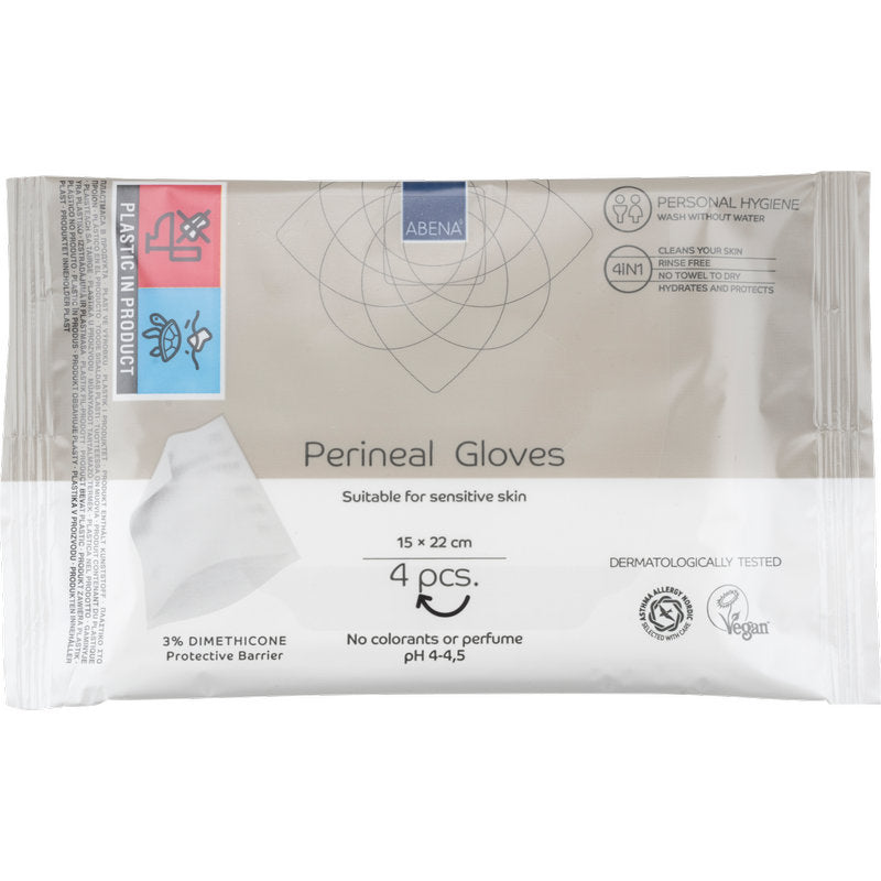 Packung (4 Stück) Perineale Handschuhe von Abena Re-Seller GmbH: dermatologisch getestet, vegan, farbstoff- und parfümfrei, mit schützendem Barriereschutz - ideal für perineale Pflege, geeignet für empfindliche Haut.