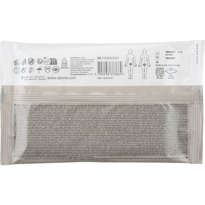 Rear view of the Abena Re-Seller GmbH Perineal gloves pack (4 pieces) shows symbols, product details, instructions, barcode, company information, and diagrams for perineal care. The text is displayed in multiple languages.