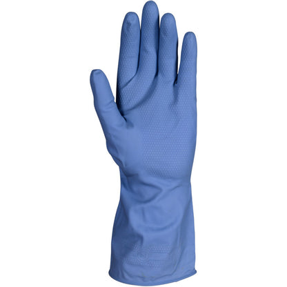 Ein einzelner gelber ENA Multipurpose Haushaltshandschuhe Latex von Abena Re-Seller GmbH wird aufrecht gezeigt, wobei die strukturierte Oberfläche der Handfläche und der Finger sichtbar ist und das Design über das Handgelenk hinausreicht.