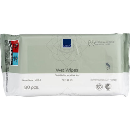 Eine Packung mit 80 Abena Re-Seller GmbH Feuchtpflegetüchern (18x20 cm, weiß) mit Klebeverschluss. Die hellgrau-weiße Verpackung enthält Produktinfos, Symbole, eine wiederverschließbare Lasche und ein rot-blaues Etikett - ideal für die tägliche Hygiene.