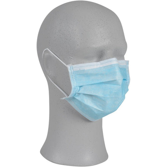 Eine graue Schaufensterpuppe zeigt den Abena Re-Seller GmbH Mundschutz mit Gummiband, 95x180 mm, 3-lagig, Blau, IIR (Packung 50 Stück), aus einem Winkel von vorne links vor einem schlichten weißen Hintergrund.