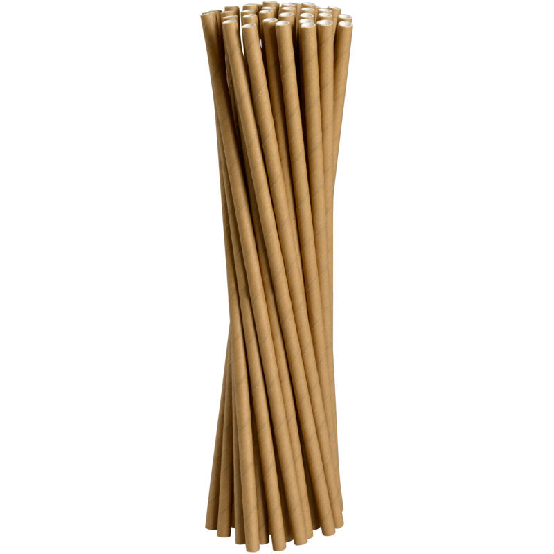 Eine Packung mit 250 Abena Re-Seller GmbH Trinkhalme Papier in braun (19,5 cm, ø 6 mm) steht aufrecht vor weißem Hintergrund, ihre Spitzen sind leicht uneben und dicht aneinander gereiht.